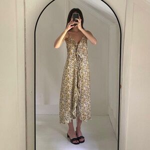 Heartloom Floral Yellow Midi Dress XS Smocked Back Ruffle Hem Adjustable Straps